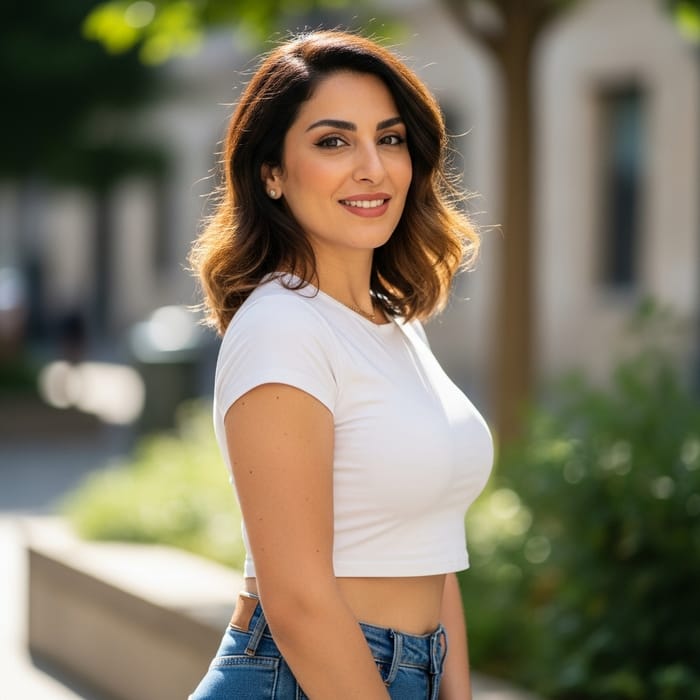 Stylish Woman in White Crop Top and Jeans Smiling | Fashion Photo Stylish Woman in White Crop Top and Jeans Smiling | Fashion Photo