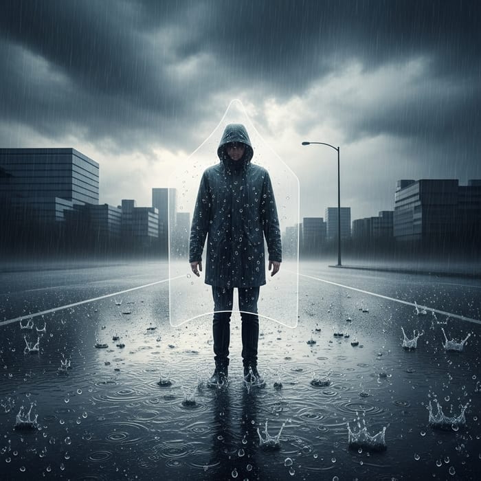 Mysterious Figure Stands Alone in Empty Rainy Cityscape