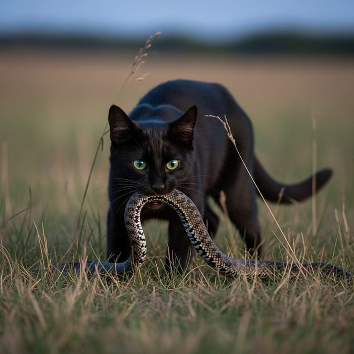 Mysterious Scene: Black Cat Feasting on a Snake Mysterious Scene: Black Cat Feasting on a Snake