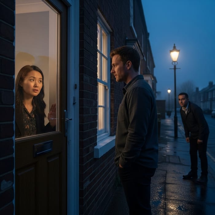 Suspenseful Encounter: Woman Spying Through Door's Window Suspenseful Encounter: Woman Spying Through Door's Window