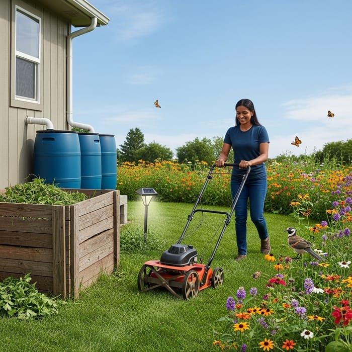 Rustic & Natural Sustainable Lawn Care: Manual Reel Mower & Compost Bin Rustic & Natural Sustainable Lawn Care: Manual Reel Mower & Compost Bin