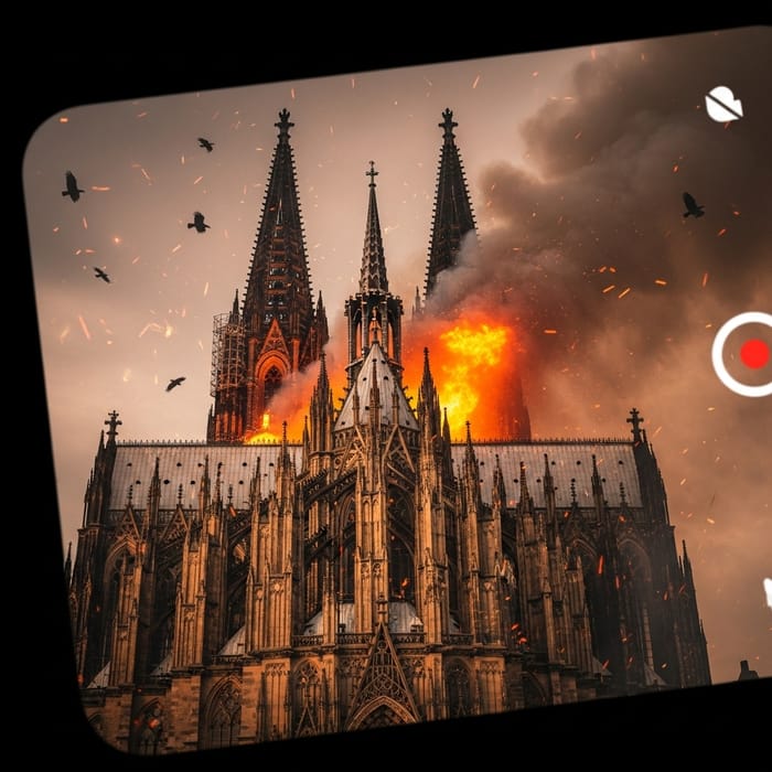 Up-Close Gothic Scene: Cologne Cathedral Ablaze & Vultures
