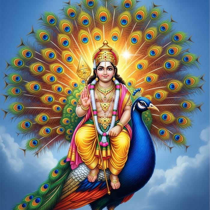 Lord Murugan on Peacock - Divine Figure with Gleaming Vel Lord Murugan on Peacock - Divine Figure with Gleaming Vel