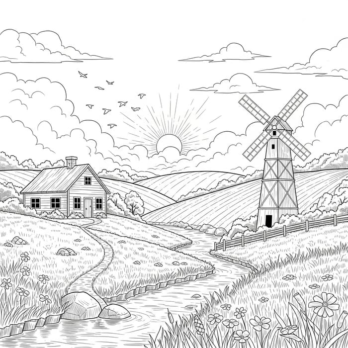 Serene Countryside Sketch with Rolling Hills