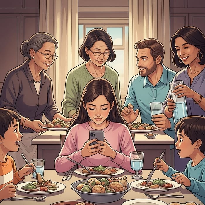 Teen Girl Multitasking at Family Dinner Scene Teen Girl Multitasking at Family Dinner Scene