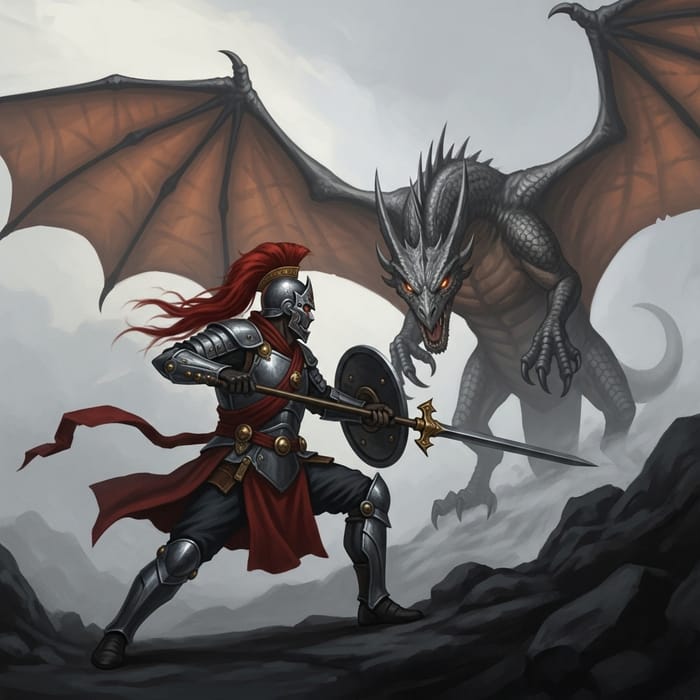 Soldier Fighting Dragon - Epic Fantasy Battle