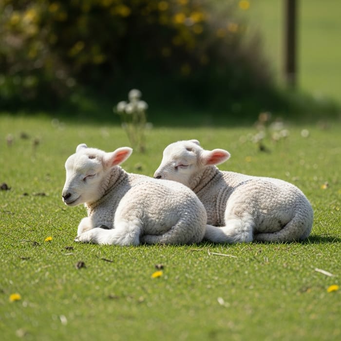 Peaceful Image of Two Sleeping Fluffy Baby Lambs on Grass