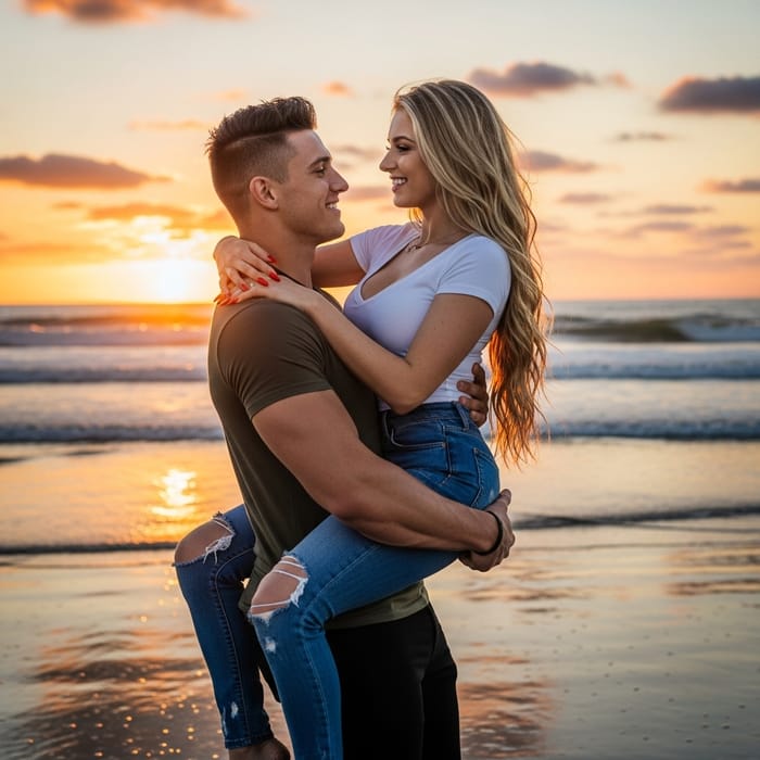 Brunette Man Holding Hands with Beautiful Blonde on Beach at Sunset Brunette Man Holding Hands with Beautiful Blonde on Beach at Sunset