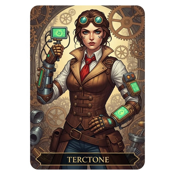 Caucasian Female Steampunk Inventor Tarot Card Illustration