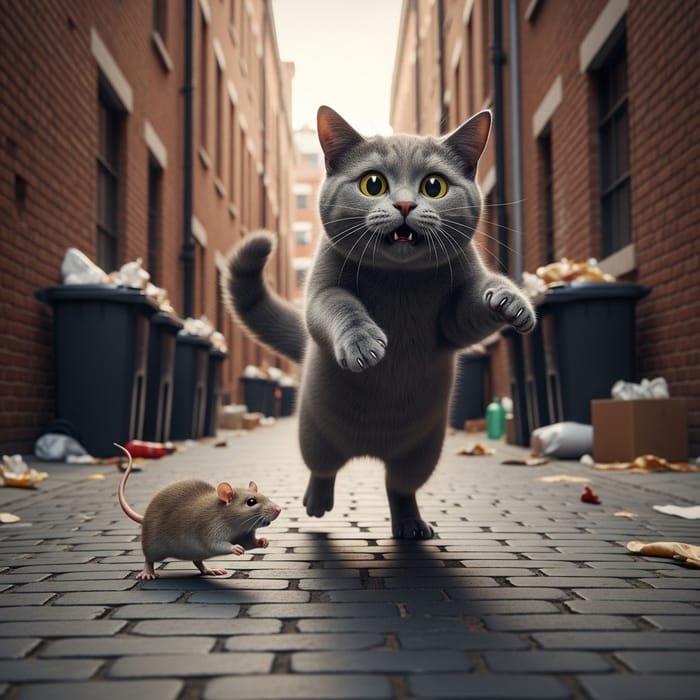 Humorous Rat Chasing Startled Gray Cat Humorous Rat Chasing Startled Gray Cat