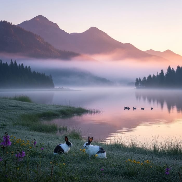Good Morning Nature: Serene Landscape at Dawn with Misty Mountains & Calm Lake Good Morning Nature: Serene Landscape at Dawn with Misty Mountains & Calm Lake