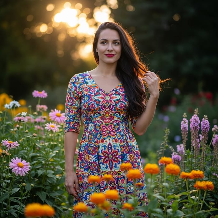 Serene Beauty of a Hispanic Woman in Lush Garden
