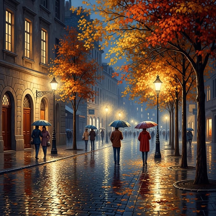 Rainy European Street at Night - Fall Oil Painting