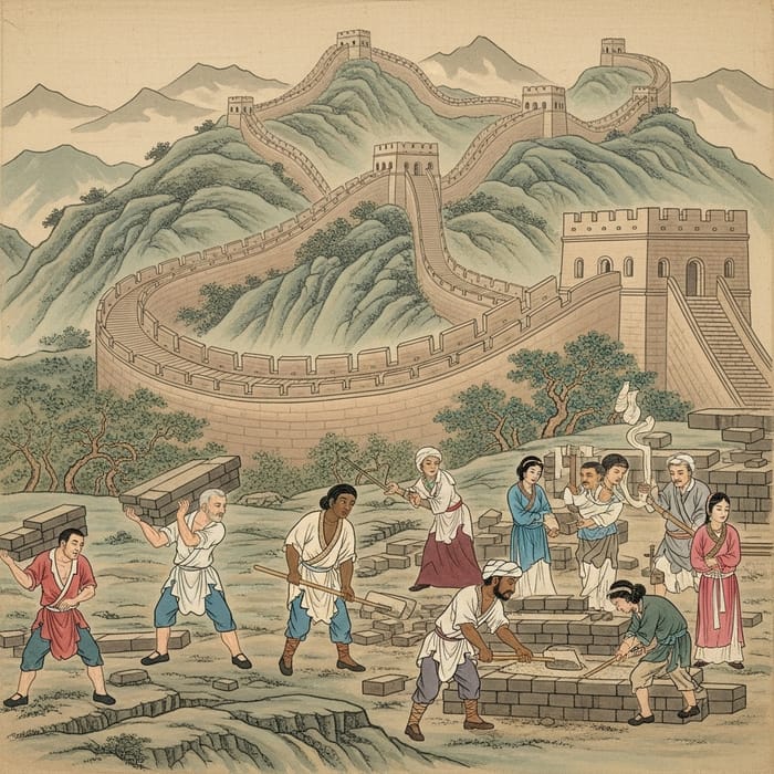 Ancient Chinese Painting of Great Wall Workers Ancient Chinese Painting of Great Wall Workers