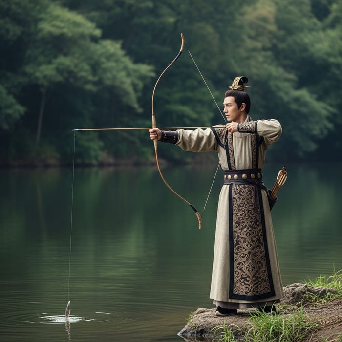 Ancient Chinese Emperor Fishing with Bow and Arrow
