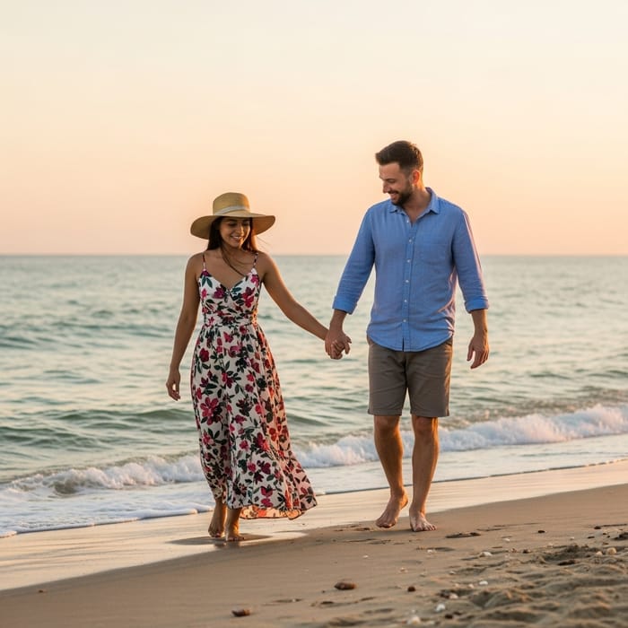 Romantic Beach Walk: Couple Enjoying Sunset by the Sea