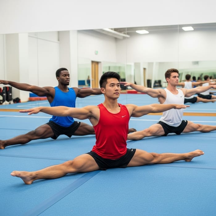 Men's Gymnasts Showcase Impressive Leg Flexibility with Middle Splits Men's Gymnasts Showcase Impressive Leg Flexibility with Middle Splits