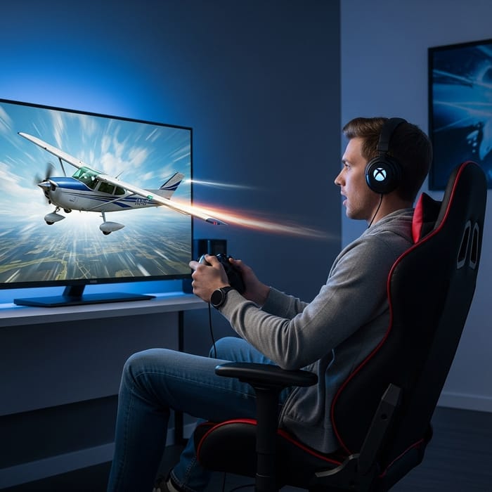 Surprised Gamer Encounters Cessna Aircraft in Virtual Reality