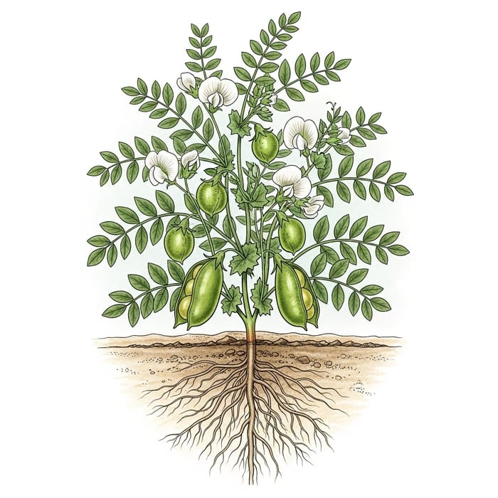 Chickpea Plant Roots Illustration | Botanical Artwork with Green Leaves, Flowers