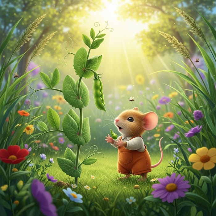 Cute Mouse Kid in a Sunlit Garden with Giant Pea Plant