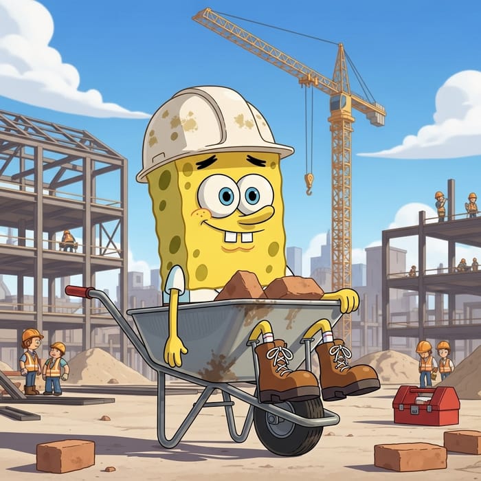 Safety-Conscious Cartoon Character in Wheelbarrow at Construction Site