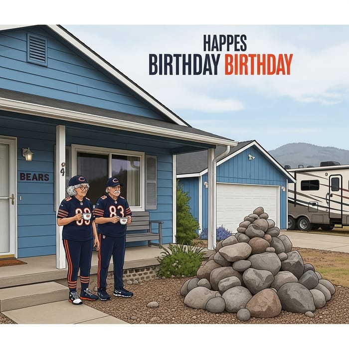 Elderly Couple Birthday Card Design: Chicago Bears Tea Party Scene