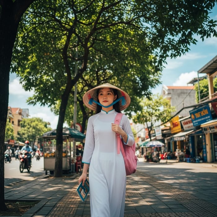 Vietnamese Schoolgirl Tuyết Heading to School