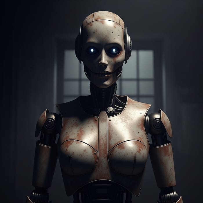 Creepy AI Robot in Horror Scene Creepy AI Robot in Horror Scene