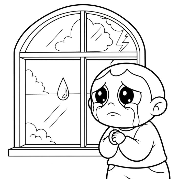 Whimsical Sad Kid Looking Out Window Cartoon Coloring Page