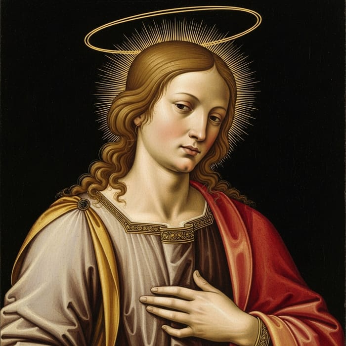 Renaissance Depiction of Holy Figure with Flowing Robe and Halo