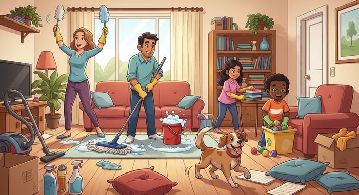 Spring Cleaning Cartoon: Family of 4 Cleaning with Dog Spring Cleaning Cartoon: Family of 4 Cleaning with Dog