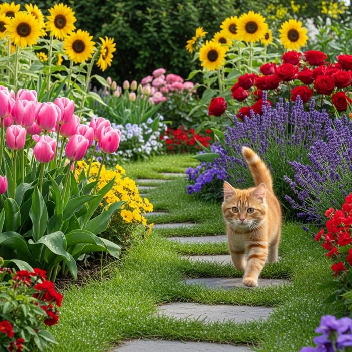 Playful Cat Running in Vibrant Garden Scene Playful Cat Running in Vibrant Garden Scene