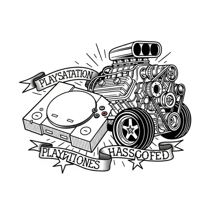 Vintage Playstation One with V8 Engine in American Tattoo Style