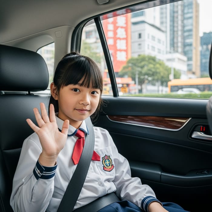 Asian School Girl Waving Inside Car