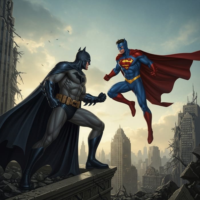 Intense Batman vs Superman Battle in Devastated City