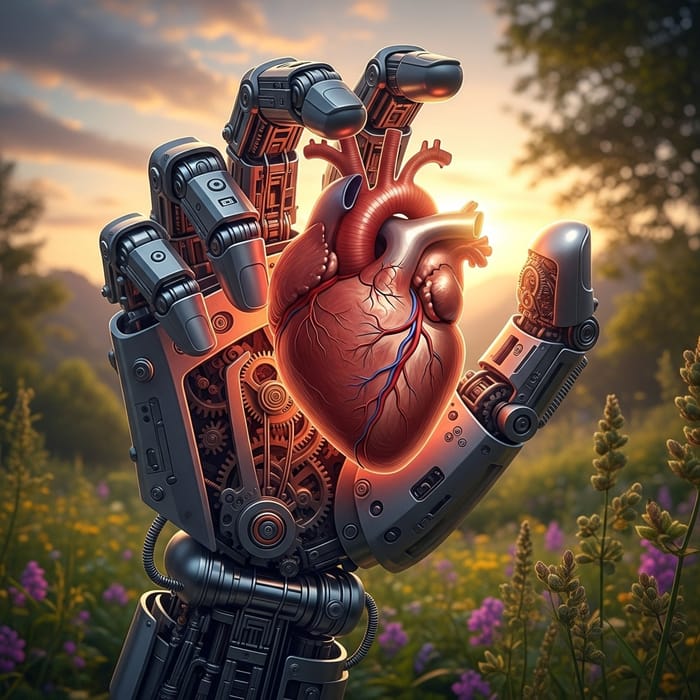 Intricately Designed Mechanical Hand Holding Realistic Human Heart Intricately Designed Mechanical Hand Holding Realistic Human Heart