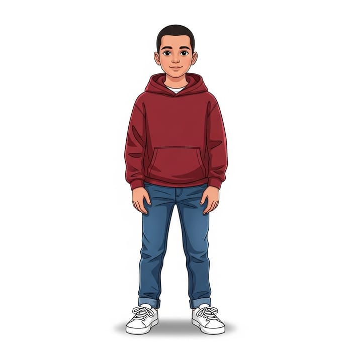 Middle-Eastern Boy in Dark Red Hoodie Illustration
