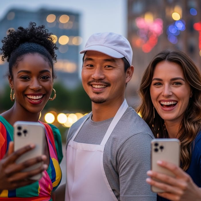 Smiling Grocer with Diverse Customers | Festive City Background Smiling Grocer with Diverse Customers | Festive City Background