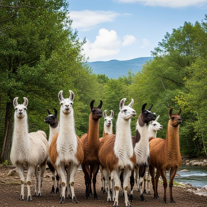 Llama Herd Grazing in Scenic Bed