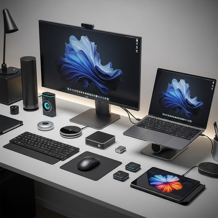futuristic workspace with AI design tools showing colorful interface on minimalist desk setup