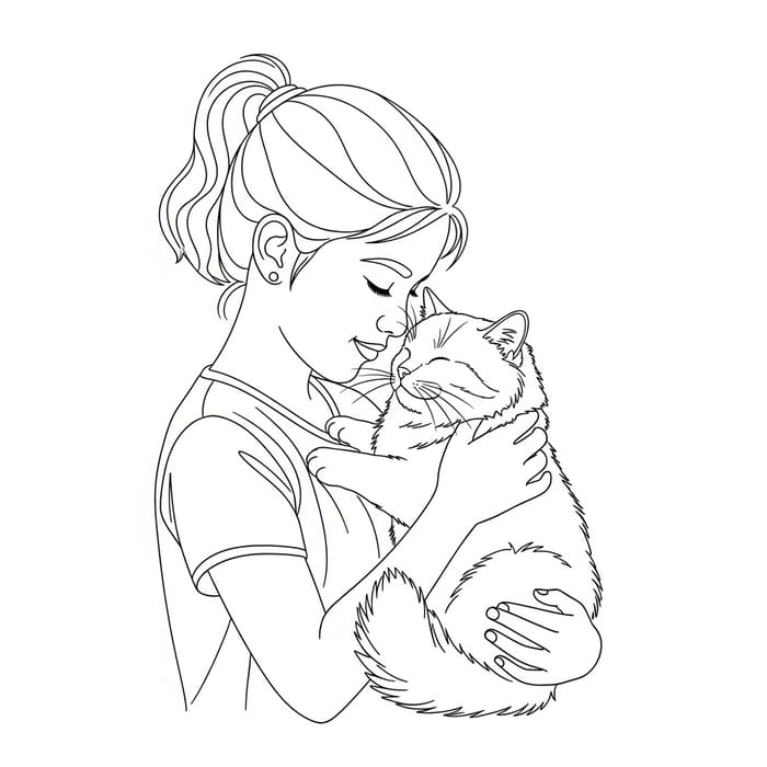 Simple Line Drawing of a Girl Holding a Cat Simple Line Drawing of a Girl Holding a Cat