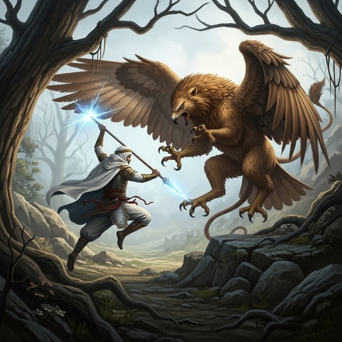 Intense Battle: Mystical Warrior vs Majestic Griffin Intense Battle: Mystical Warrior vs Majestic Griffin