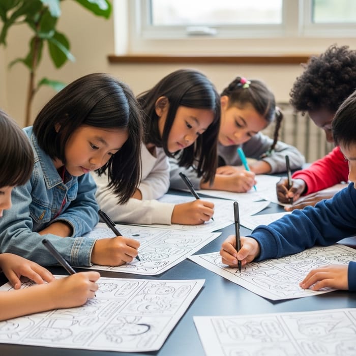 Asian Children Coloring Together in Comic Style Asian Children Coloring Together in Comic Style