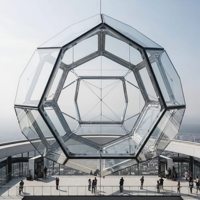 Futuristic Glass Geometric Installation - 4K Drone Shot Futuristic Glass Geometric Installation - 4K Drone Shot