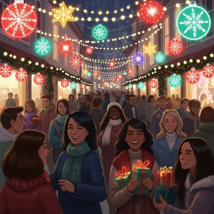 Vibrant Holiday Scene with Twinkling Lights and Excitement