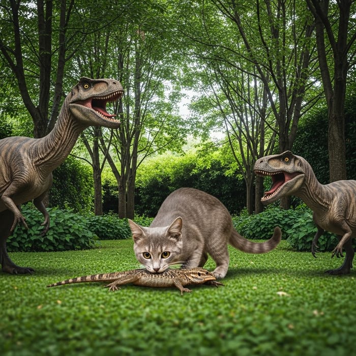 Gray Cat Primal Instincts in Jurassic Garden Scene