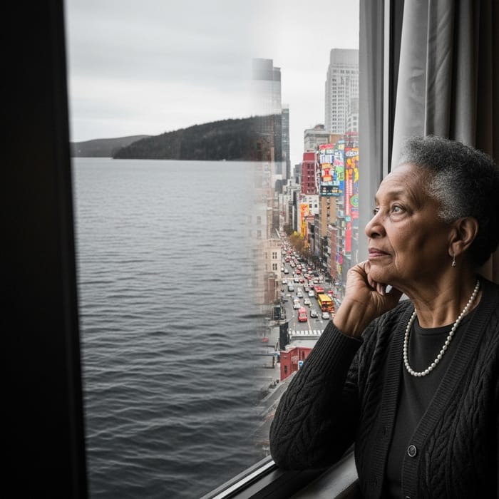 African American Elderly Woman Contemplating Nature and City Life African American Elderly Woman Contemplating Nature and City Life