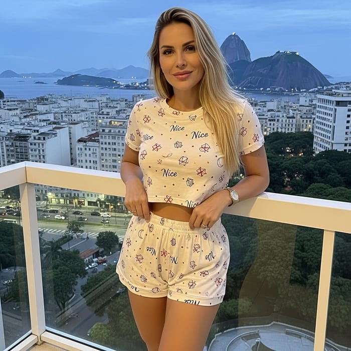 Serenity in Rio: European Woman in Nice Theme Pyjamas on Balcony Serenity in Rio: European Woman in Nice Theme Pyjamas on Balcony