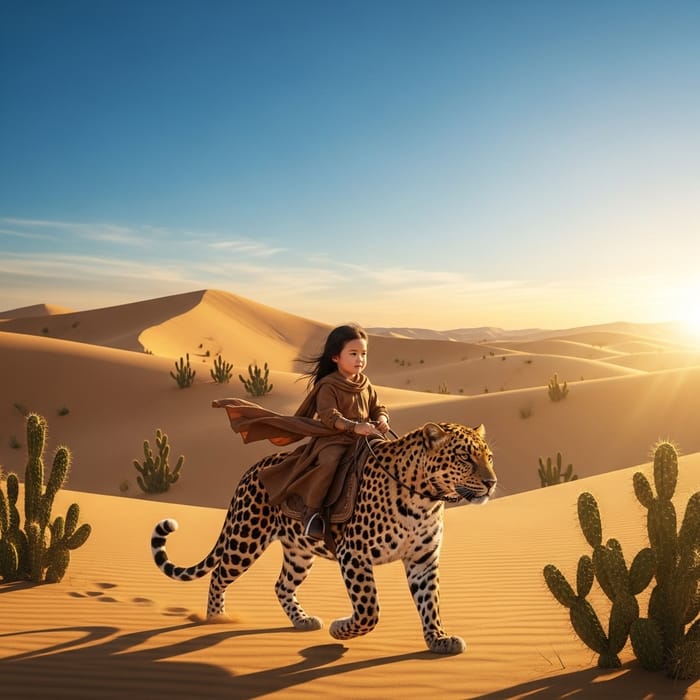 Small Asian Girl Riding Majestic Leopard in Vast Golden Desert Small Asian Girl Riding Majestic Leopard in Vast Golden Desert