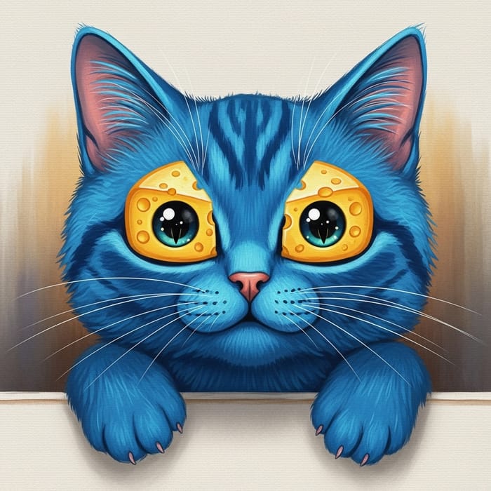 Whimsical Blue Cat with Cheese-shaped Eyes Whimsical Blue Cat with Cheese-shaped Eyes